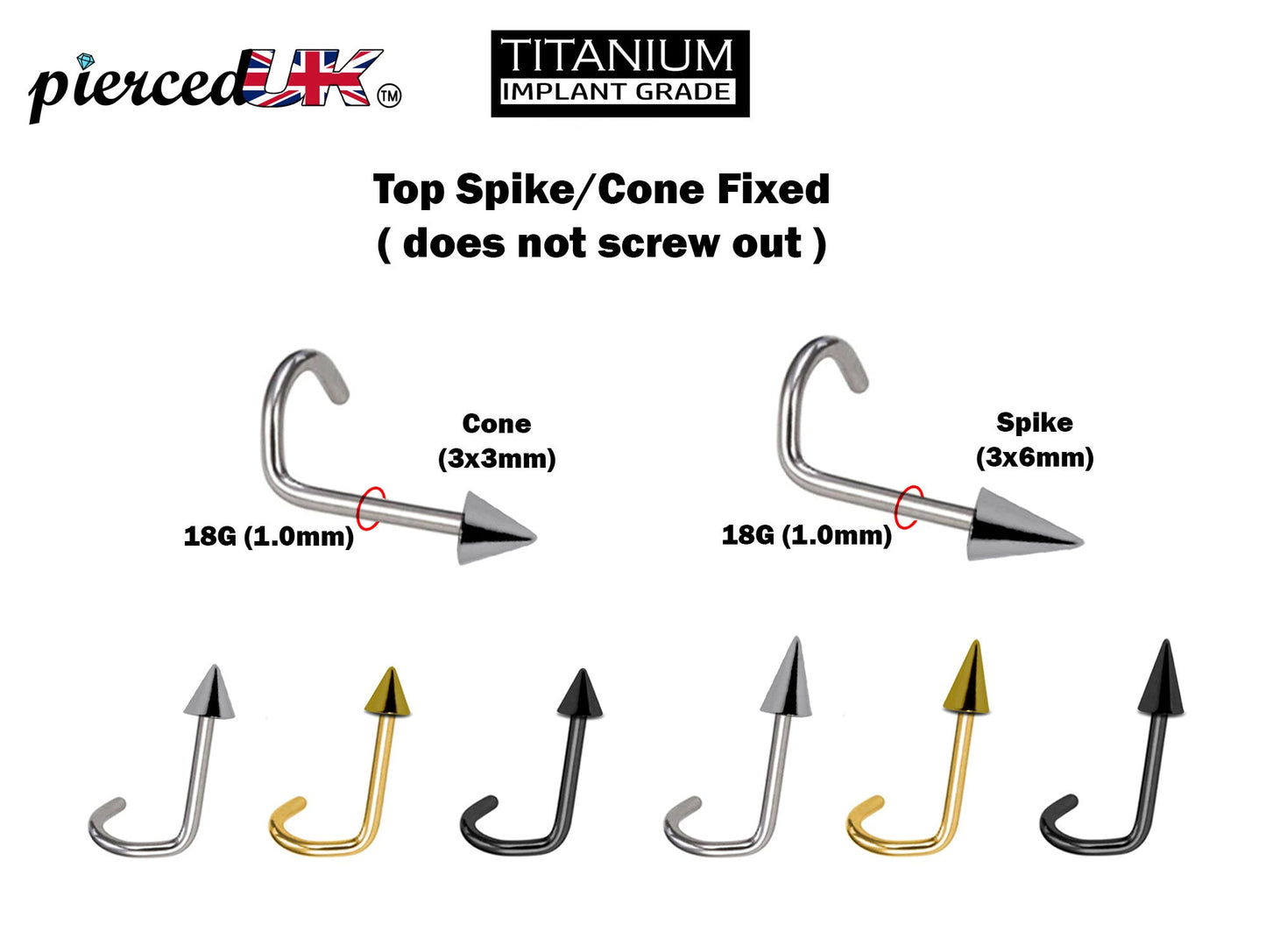 ConeSpike Nostril Jewellery, Nose Screw - 18G (1.0mm) Fixed Nose Stud in Steel, Gold and Black Nose Piercing - Nasallang Jewelry, Nose Ring