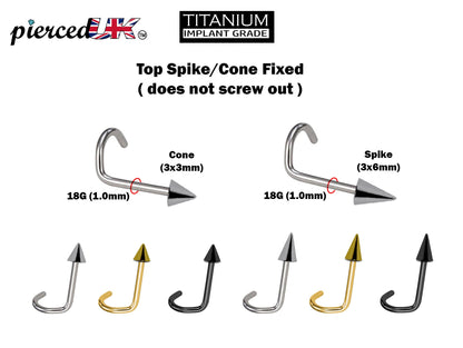 ConeSpike Nostril Jewellery, Nose Screw - 18G (1.0mm) Fixed Nose Stud in Steel, Gold and Black Nose Piercing - Nasallang Jewelry, Nose Ring