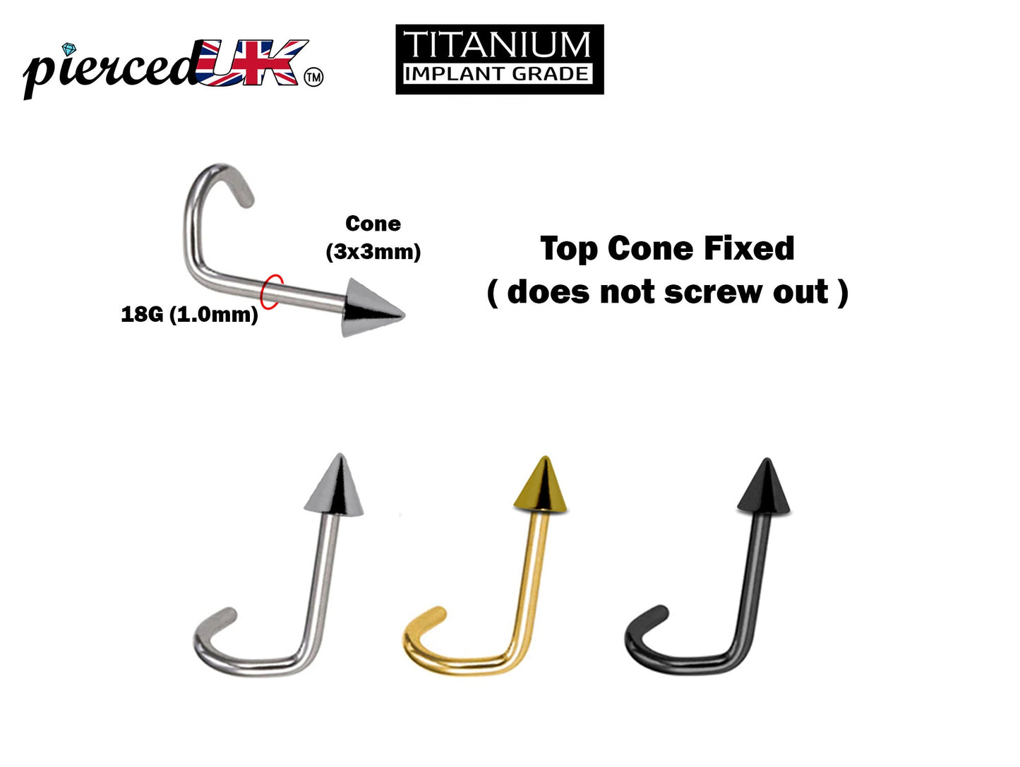 ConeSpike Nostril Jewellery, Nose Screw - 18G (1.0mm) Fixed Nose Stud in Steel, Gold and Black Nose Piercing - Nasallang Jewelry, Nose Ring