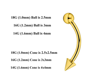 Gold Curved Barbell, Eyebrow Bar – Custom Bent Barbell 18g 16g 14g Piercing for Daith, Vertical Labret and More