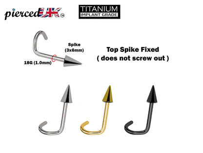 ConeSpike Nostril Jewellery, Nose Screw - 18G (1.0mm) Fixed Nose Stud in Steel, Gold and Black Nose Piercing - Nasallang Jewelry, Nose Ring