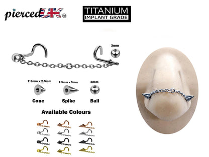 BallConeSpike Nasallang Piercing, Nose Chain Ring - Titanium Nose Piercing - Nostril Screw, Nose Stud - Hand Made to your exact size