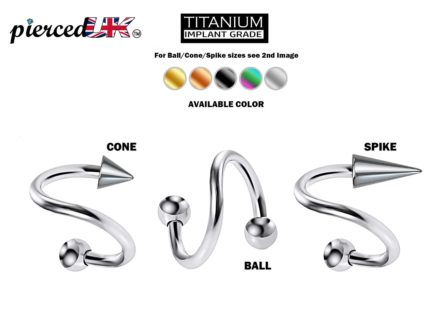 Titanium Spiral Lip Jewelry BallConeSpike Twisted Barbell Helix Piercing, Tongue Ring, Cartilage, Nose Piercing, Belly Ring - 16G 14G
