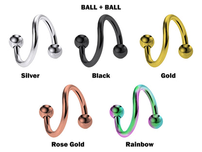 Titanium Spiral Lip Jewelry BallConeSpike Twisted Barbell Helix Piercing, Tongue Ring, Cartilage, Nose Piercing, Belly Ring - 16G 14G