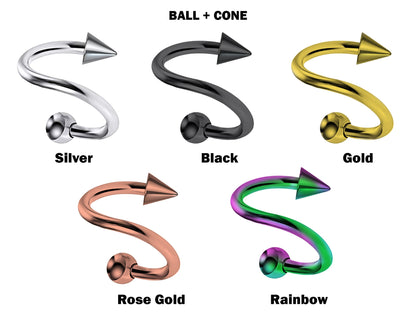 Titanium Spiral Lip Jewelry BallConeSpike Twisted Barbell Helix Piercing, Tongue Ring, Cartilage, Nose Piercing, Belly Ring - 16G 14G