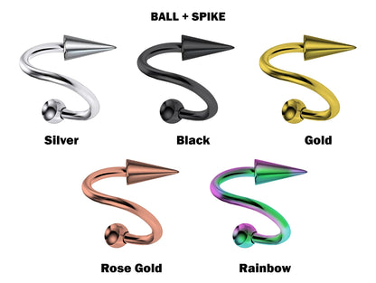 Titanium Spiral Lip Jewelry BallConeSpike Twisted Barbell Helix Piercing, Tongue Ring, Cartilage, Nose Piercing, Belly Ring - 16G 14G