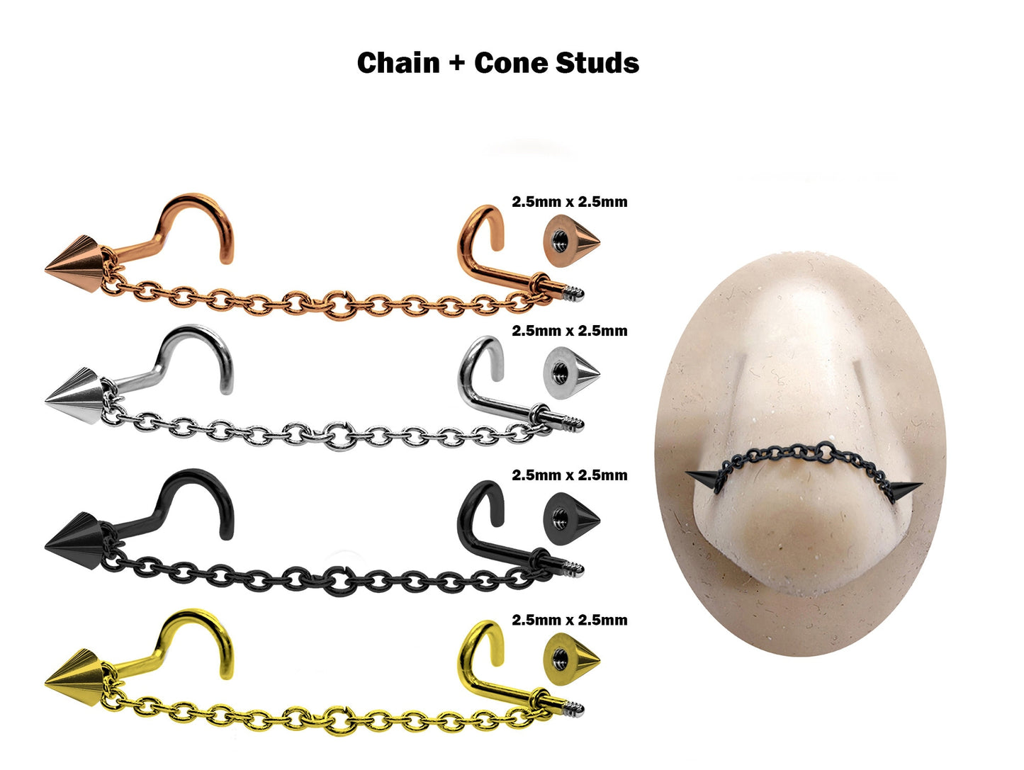 BallConeSpike Nasallang Piercing, Nose Chain Ring - Titanium Nose Piercing - Nostril Screw, Nose Stud - Hand Made to your exact size