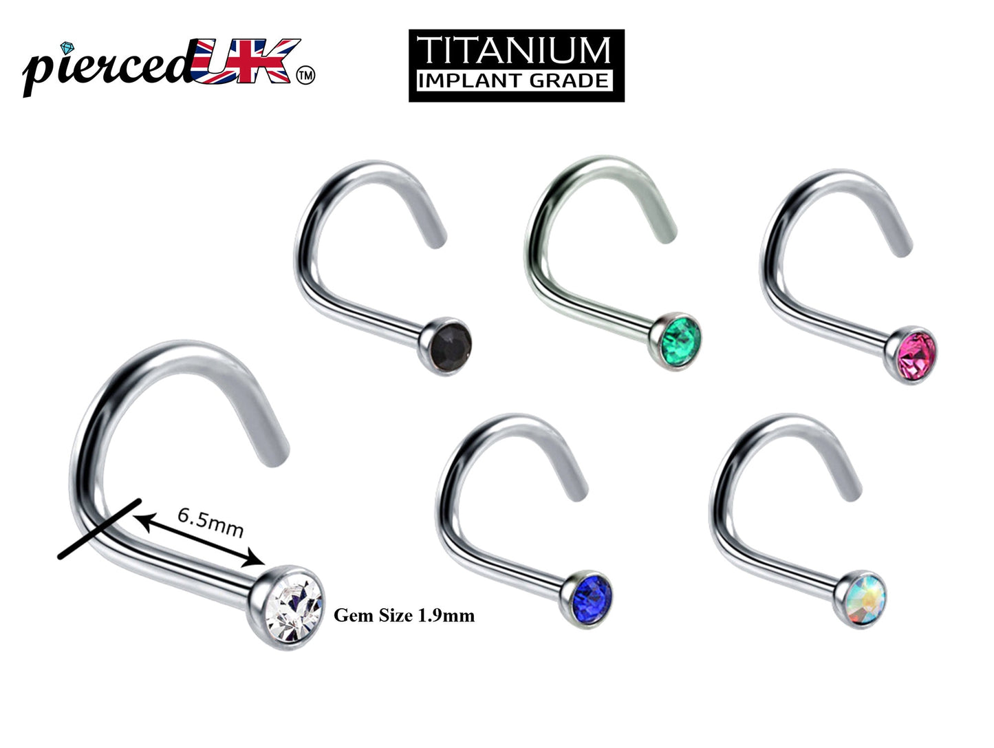 Titanium Nose Studs, Nose Ring - Nostril Screw Ring with Gem CZ Crystal  - Nose Piercing Size 18g (1.0mm)