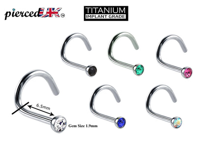 Titanium Nose Studs, Nose Ring - Nostril Screw Ring with Gem CZ Crystal  - Nose Piercing Size 18g (1.0mm)