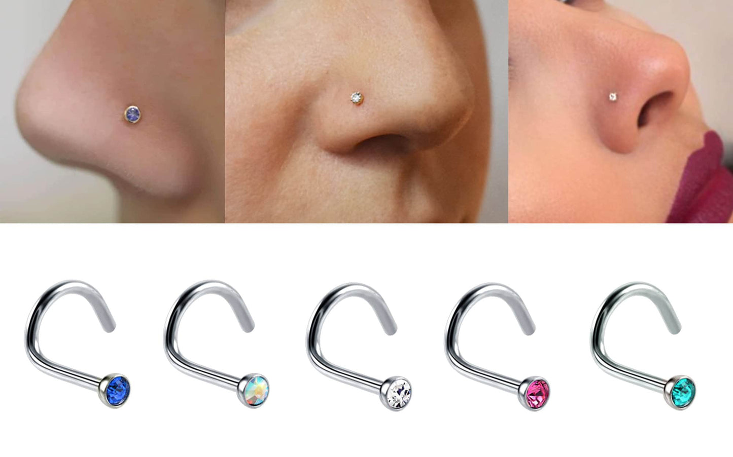 Titanium Nose Studs, Nose Ring - Nostril Screw Ring with Gem CZ Crystal  - Nose Piercing Size 18g (1.0mm)