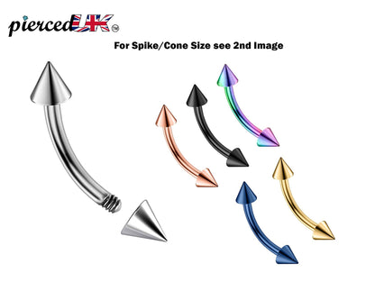 Spike Barbell, Daith Piercing – 18g, 16g, 14g Curved Barbell Cone / Spike Jewelry for Eyebrow, Ears, Rook Ring. Available in Many Colours