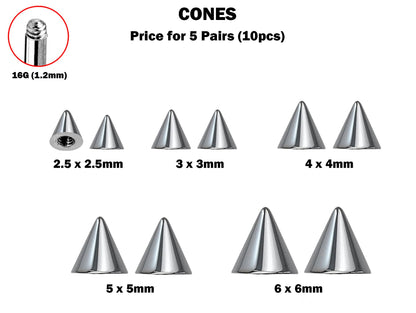 Titanium Spike Piercing, Threaded Spike and Cone Bundle Replacement Piercing Parts - 16g, 14g Attachment for Barbell, Labret, Horseshoe Bar