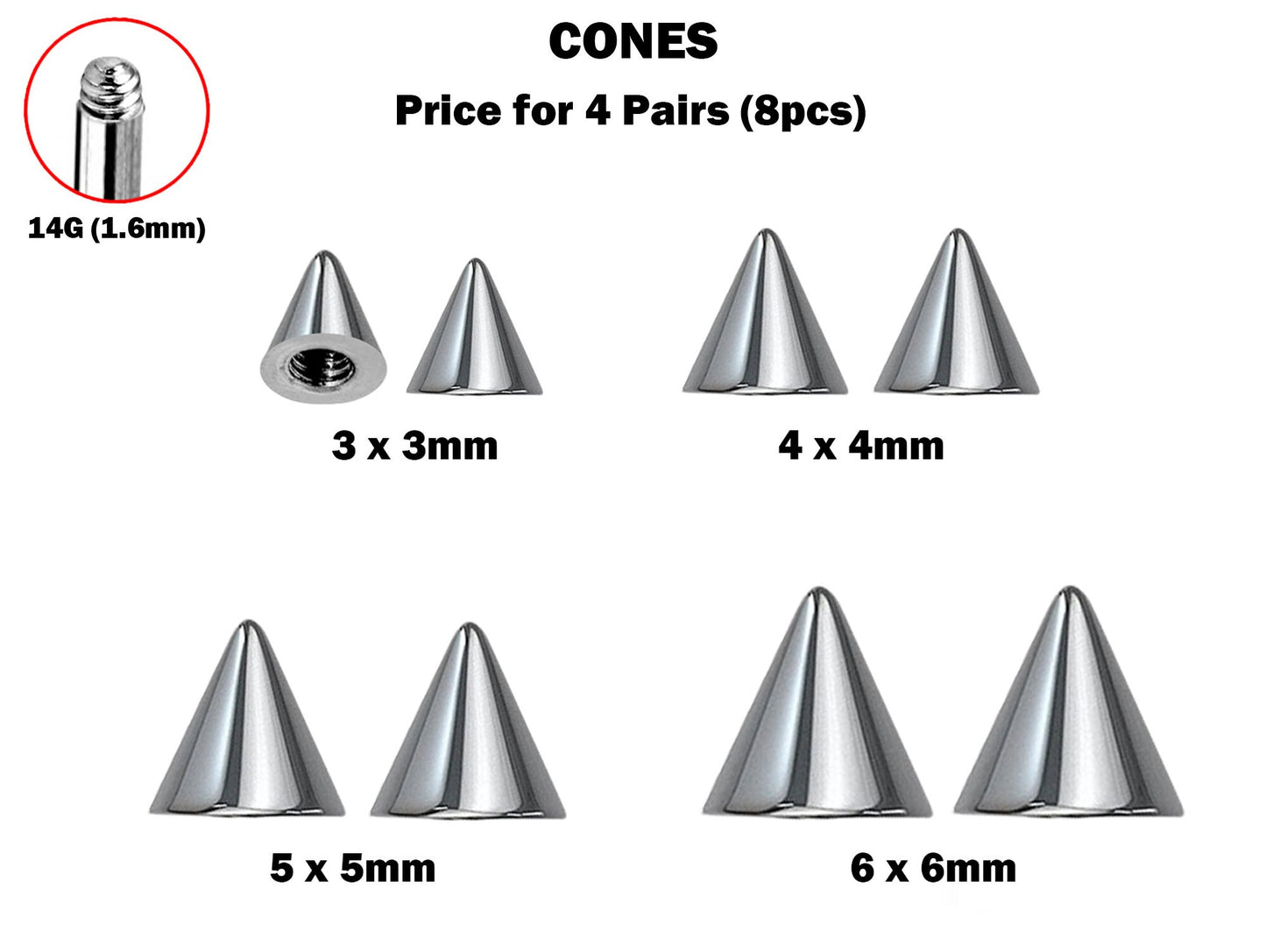 Titanium Spike Piercing, Threaded Spike and Cone Bundle Replacement Piercing Parts - 16g, 14g Attachment for Barbell, Labret, Horseshoe Bar