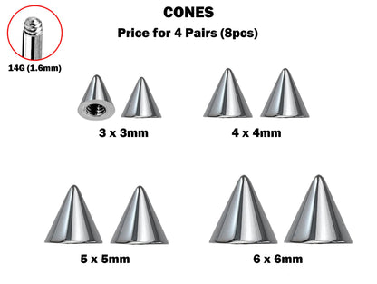 Titanium Spike Piercing, Threaded Spike and Cone Bundle Replacement Piercing Parts - 16g, 14g Attachment for Barbell, Labret, Horseshoe Bar