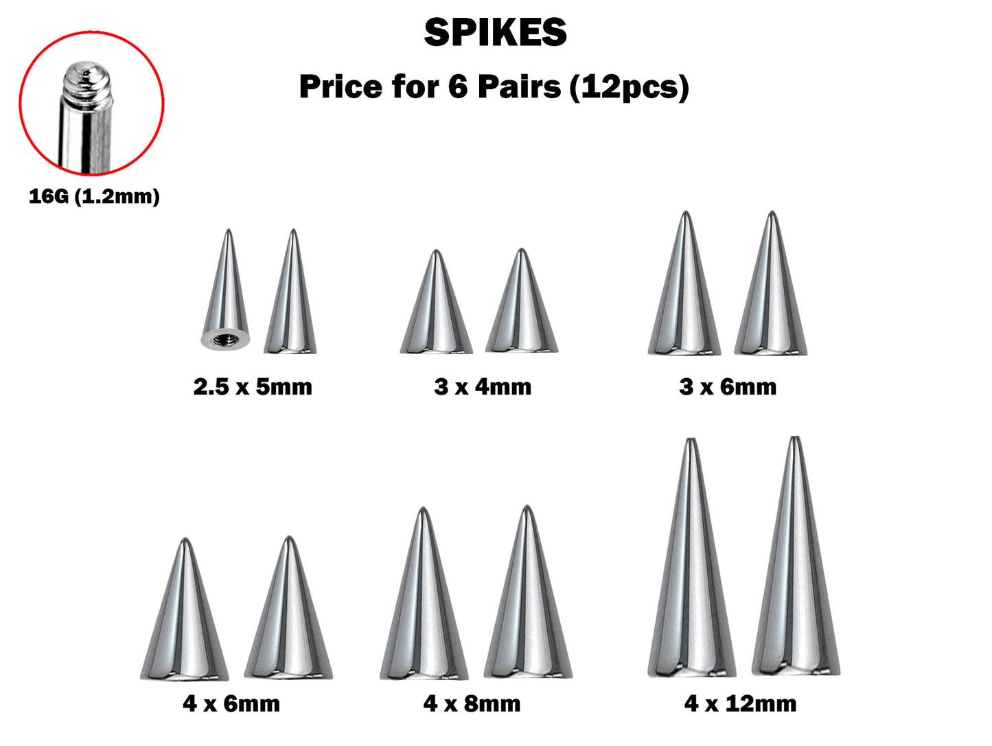 Titanium Spike Piercing, Threaded Spike and Cone Bundle Replacement Piercing Parts - 16g, 14g Attachment for Barbell, Labret, Horseshoe Bar