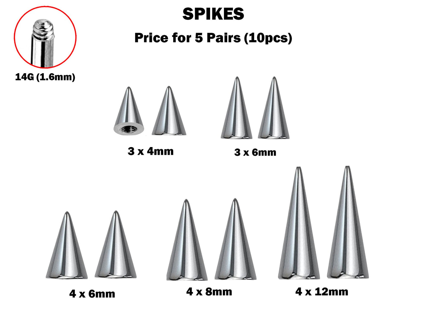Titanium Spike Piercing, Threaded Spike and Cone Bundle Replacement Piercing Parts - 16g, 14g Attachment for Barbell, Labret, Horseshoe Bar
