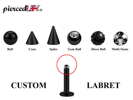 Black Labret Stud, Labret Piercing – Custom Lip Labret 18g 16g 14g Labret Piercing for Lip, Chin and More – Choose Top Ball in the Options
