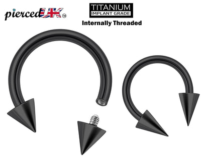 Titanium Cone/Spike Black Horseshoe Barbell, Septum Ring - 16G 14G Internally Threading Septum Jewelry - Nose Piercing, Helix, PA ring