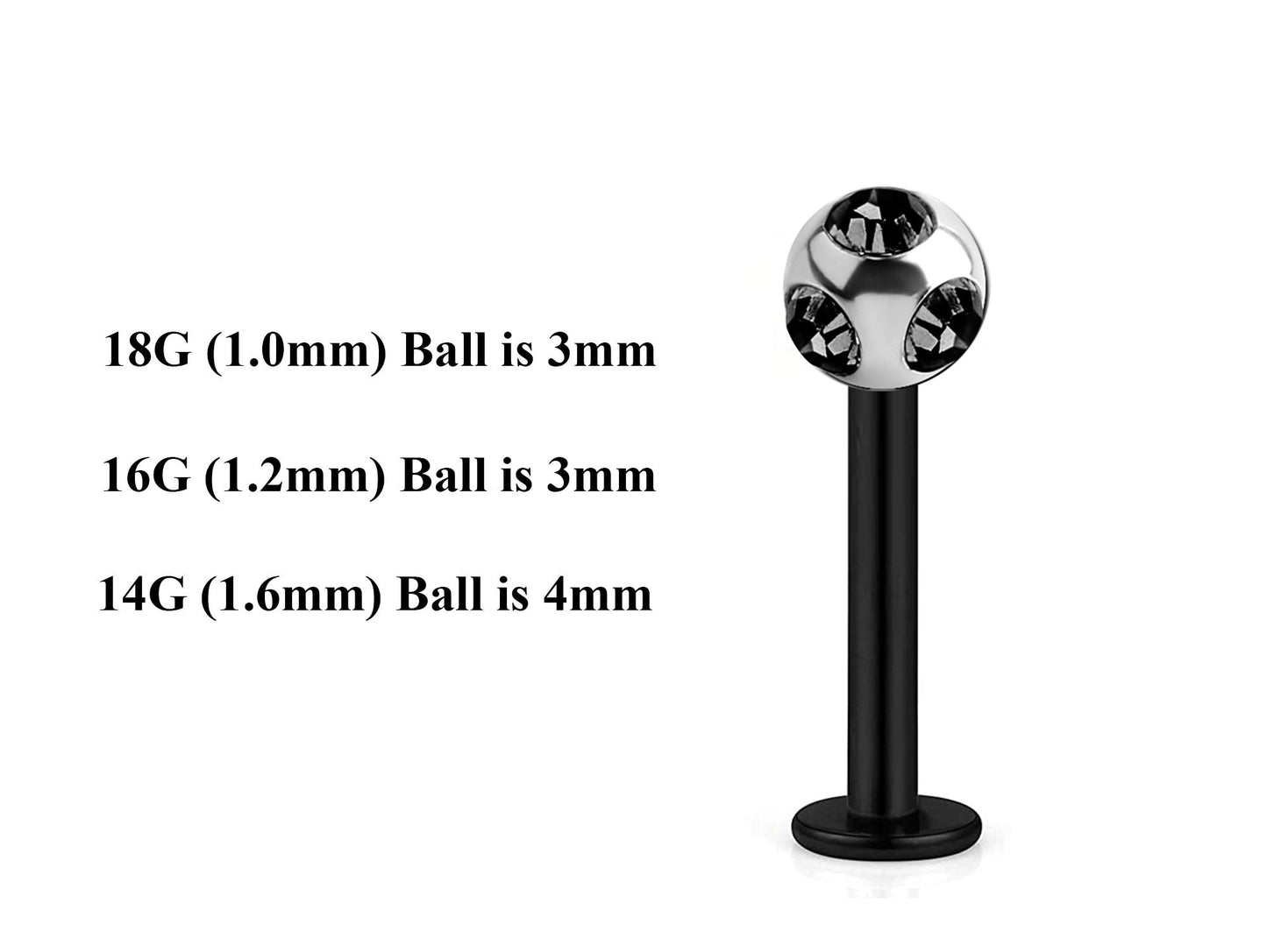 Black Labret Stud, Labret Piercing – Custom Lip Labret 18g 16g 14g Labret Piercing for Lip, Chin and More – Choose Top Ball in the Options