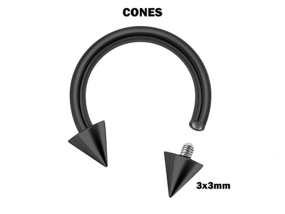 Titanium Cone/Spike Black Horseshoe Barbell, Septum Ring - 16G 14G Internally Threading Septum Jewelry - Nose Piercing, Helix, PA ring