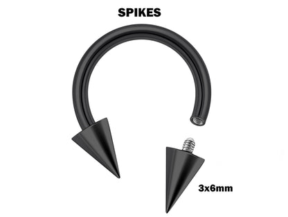 Titanium Cone/Spike Black Horseshoe Barbell, Septum Ring - 16G 14G Internally Threading Septum Jewelry - Nose Piercing, Helix, PA ring