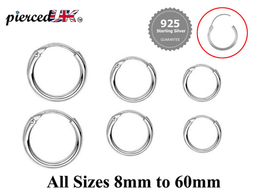 Hoop Earrings Silver, Huggie Earrings – Clip-on Sleeper Earrings Size 8mm to 60mm – Earrings for Ear Lobe, Cartilage, Dainty, Helix etc.