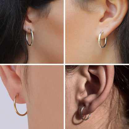 Hoop Earrings Silver, Huggie Earrings – Clip-on Sleeper Earrings Size 8mm to 60mm – Earrings for Ear Lobe, Cartilage, Dainty, Helix etc.