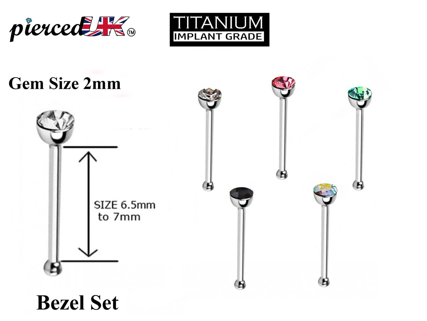 Titanium Nose Piercing, Nose Pin - Nose Bone Stud with Bezel Set CZ Crystals - Nose Ring Size 24g 20g 18g