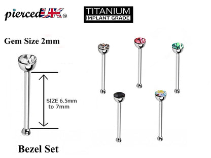 Titanium Nose Piercing, Nose Pin - Nose Bone Stud with Bezel Set CZ Crystals - Nose Ring Size 24g 20g 18g