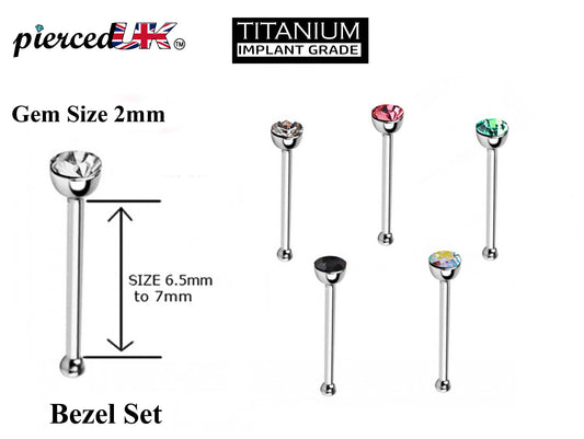 Titanium Nose Piercing, Nose Pin - Nose Bone Stud with Bezel Set CZ Crystals - Nose Ring Size 24g 20g 18g