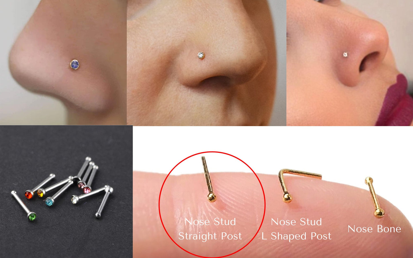 Titanium Nose Piercing, Nose Pin - Nose Bone Stud with Bezel Set CZ Crystals - Nose Ring Size 24g 20g 18g