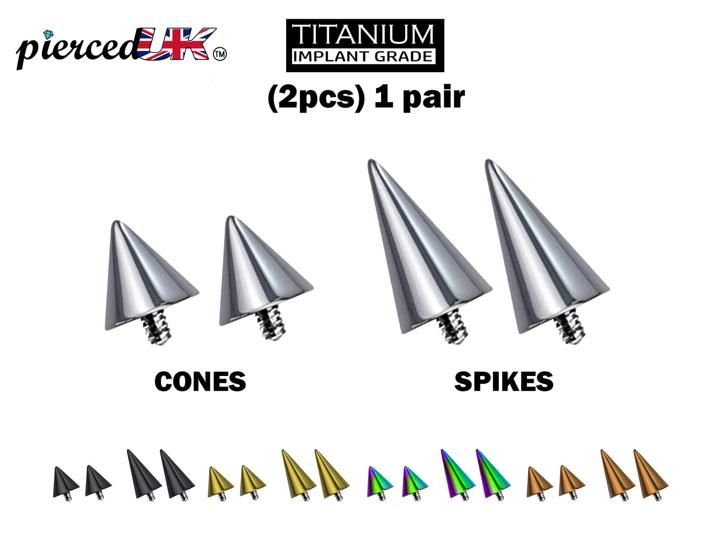 Titanium Spike Piercing, Pair of Spike and Cone Replacement for Internal Piercing Parts– 16g to 0g Attachment for Barbell, Labret, Horseshoe