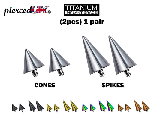 Titanium Spike Piercing, Pair of Spike and Cone Replacement for Internal Piercing Parts– 16g to 0g Attachment for Barbell, Labret, Horseshoe