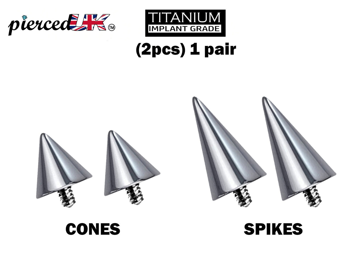 Titanium Spike Piercing, Pair of Spike and Cone Replacement for Internal Piercing Parts– 16g to 0g Attachment for Barbell, Labret, Horseshoe