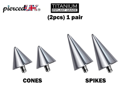 Titanium Spike Piercing, Pair of Spike and Cone Replacement for Internal Piercing Parts– 16g to 0g Attachment for Barbell, Labret, Horseshoe