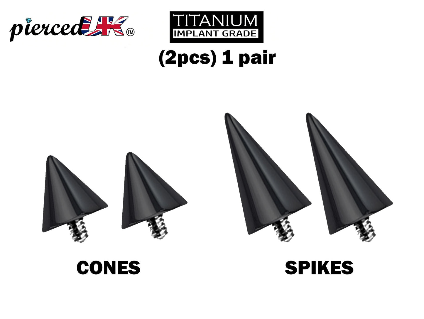 Titanium Spike Piercing, Pair of Spike and Cone Replacement for Internal Piercing Parts– 16g to 0g Attachment for Barbell, Labret, Horseshoe