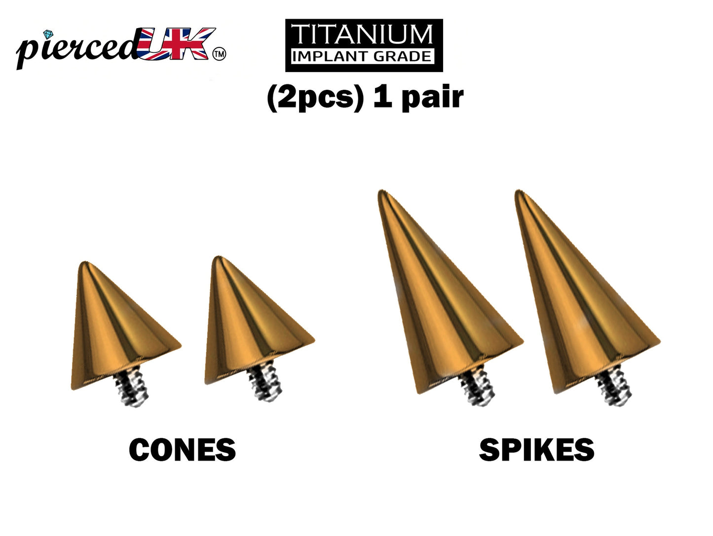 Titanium Spike Piercing, Pair of Spike and Cone Replacement for Internal Piercing Parts– 16g to 0g Attachment for Barbell, Labret, Horseshoe