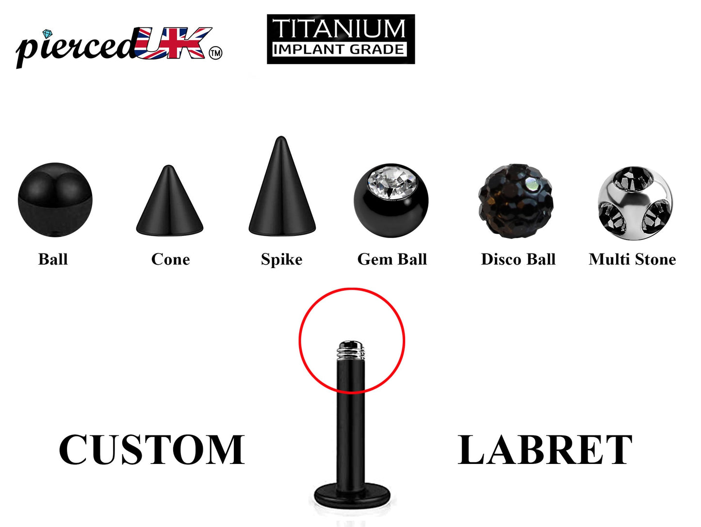 Titanium Labret Stud, Black Labret Piercing – Custom Lip Labret 18g 16g 14g Labret Piercing for Lip, Chin – Choose Top Ball in the Options