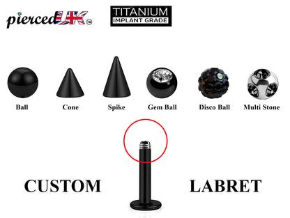 Titanium Labret Stud, Black Labret Piercing – Custom Lip Labret 18g 16g 14g Labret Piercing for Lip, Chin – Choose Top Ball in the Options