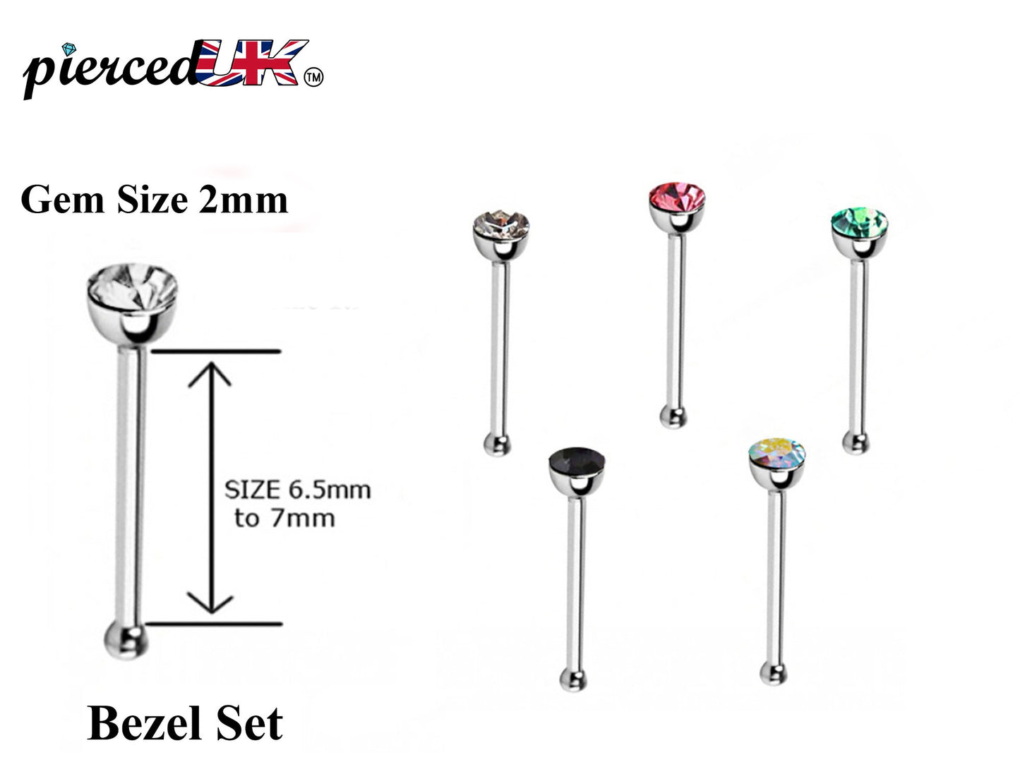Nose Piercing, Nose Pin - Nose Bone Stud with Bezel Set CZ Crystals - Nose Ring Size 24g 20g 18g