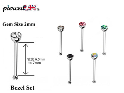 Nose Piercing, Nose Pin - Nose Bone Stud with Bezel Set CZ Crystals - Nose Ring Size 24g 20g 18g