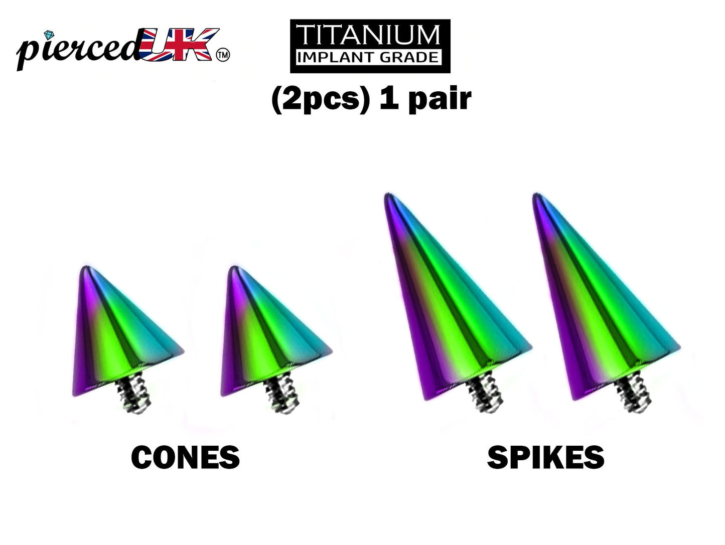Titanium Spike Piercing, Pair of Spike and Cone Replacement for Internal Piercing Parts– 16g to 0g Attachment for Barbell, Labret, Horseshoe