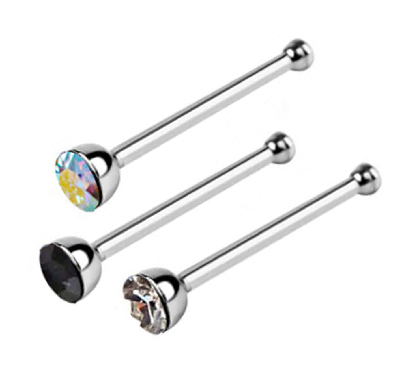 Nose Piercing, Nose Pin - Nose Bone Stud with Bezel Set CZ Crystals - Nose Ring Size 24g 20g 18g