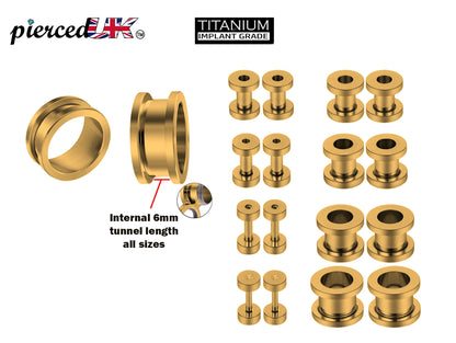 Gold Plated Ear Tunnel Plug, Tunnel Gauges 00g to 12g - Titanium Flesh Earrings Tunnels Body Modification - Threaded Screw fit Earrings
