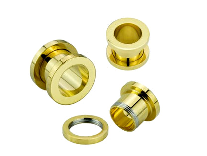 Gold Plated Ear Tunnel Plug, Tunnel Gauges 00g to 12g - Titanium Flesh Earrings Tunnels Body Modification - Threaded Screw fit Earrings