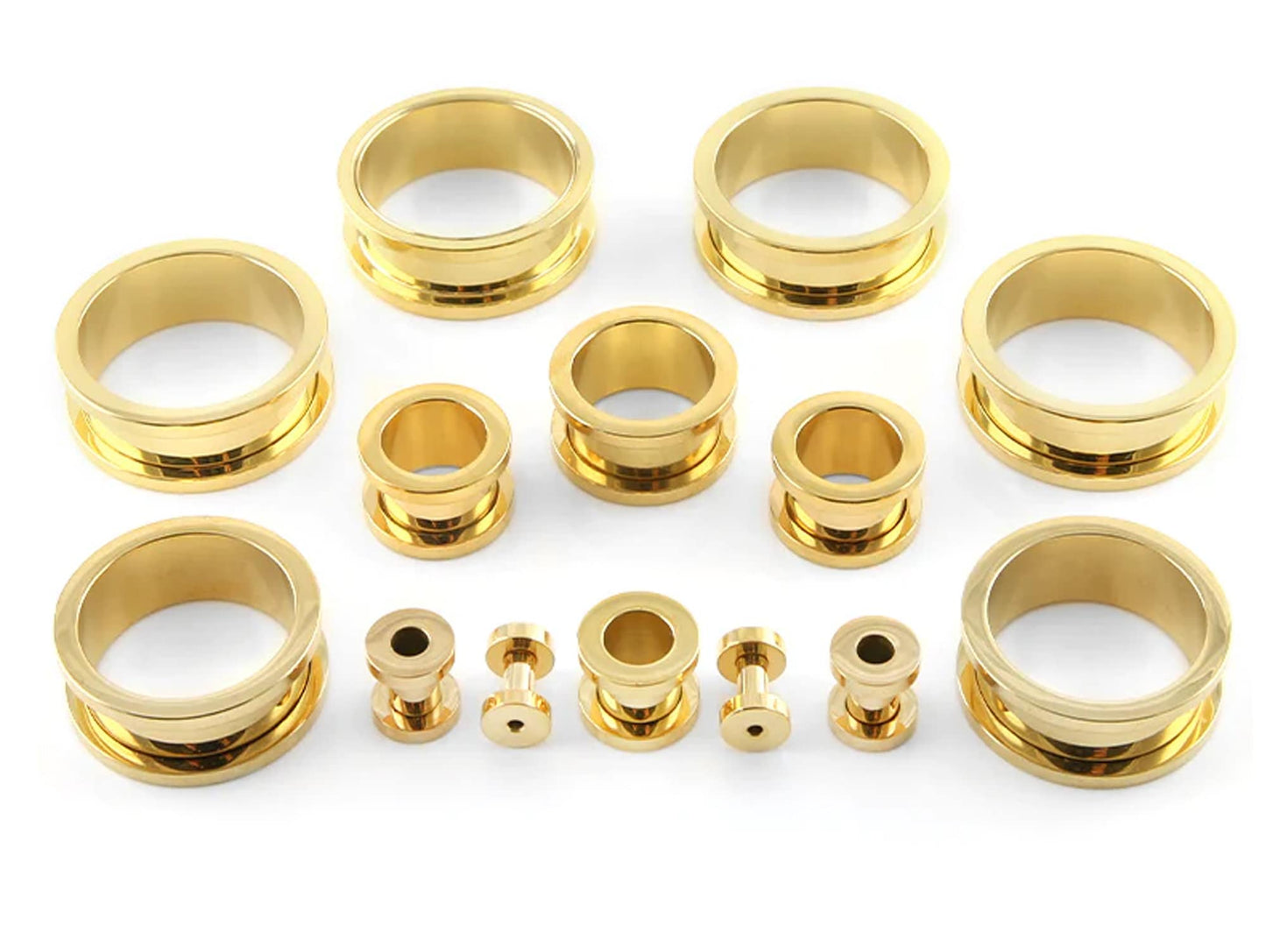 Gold Plated Ear Tunnel Plug, Tunnel Gauges 00g to 12g - Titanium Flesh Earrings Tunnels Body Modification - Threaded Screw fit Earrings