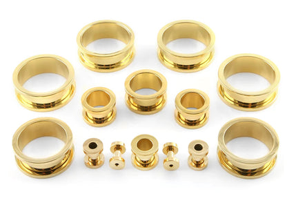 Gold Plated Ear Tunnel Plug, Tunnel Gauges 00g to 12g - Titanium Flesh Earrings Tunnels Body Modification - Threaded Screw fit Earrings