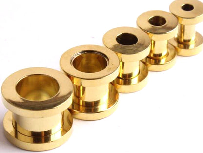 Gold Plated Ear Tunnel Plug, Tunnel Gauges 00g to 12g - Titanium Flesh Earrings Tunnels Body Modification - Threaded Screw fit Earrings
