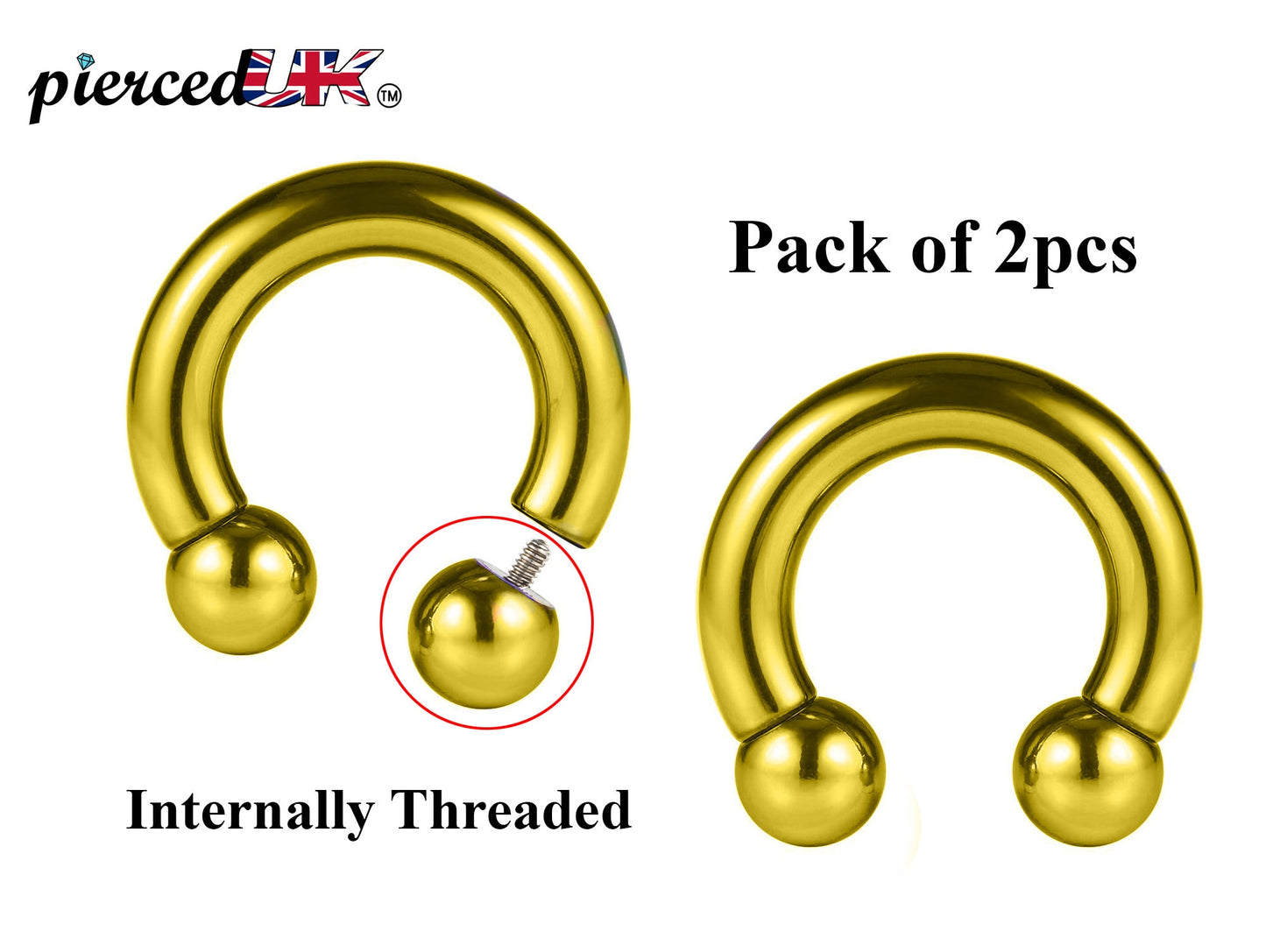 Gold Horseshoe Septum Ring, Nose Ring - 2pcs Big Size Horseshoe piercing (CBB) - 10g to 0g size 12mm to 19mm - Internally Threading