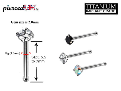 Titanium Nose Pin, Nose Studs - Nose Bone Stud with Prong Set CZ Crystals - Nose Piercing Size 18g (1.0mm)